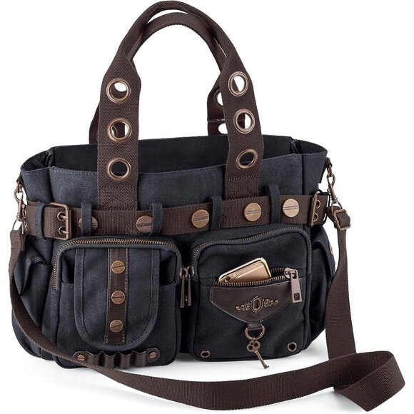 Steampunk Canvas Handbag 14x10 with Vintage Brass Key Stylish Edgy